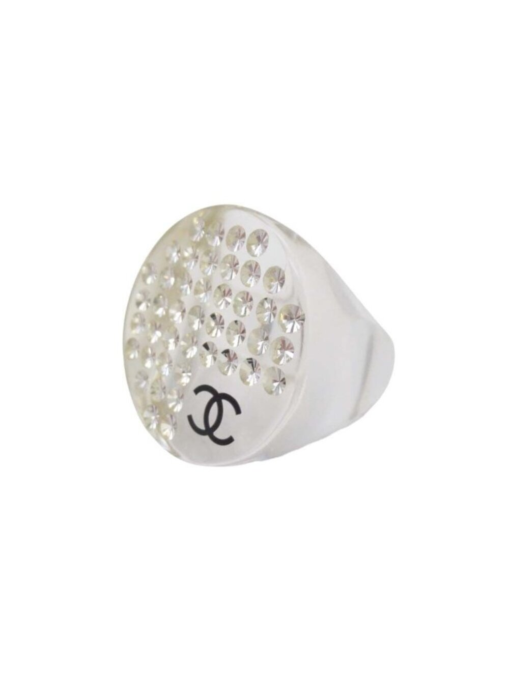 Chanel Vintage Line Stone CC Logo Clear Round Ring Transparent - Picture 2 of 9